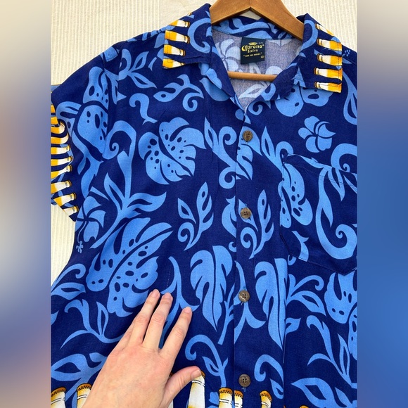 Vintage Corona Extra Beer Print Rayon Hawaiian Style Button Down Shirt - Picture 12 of 12